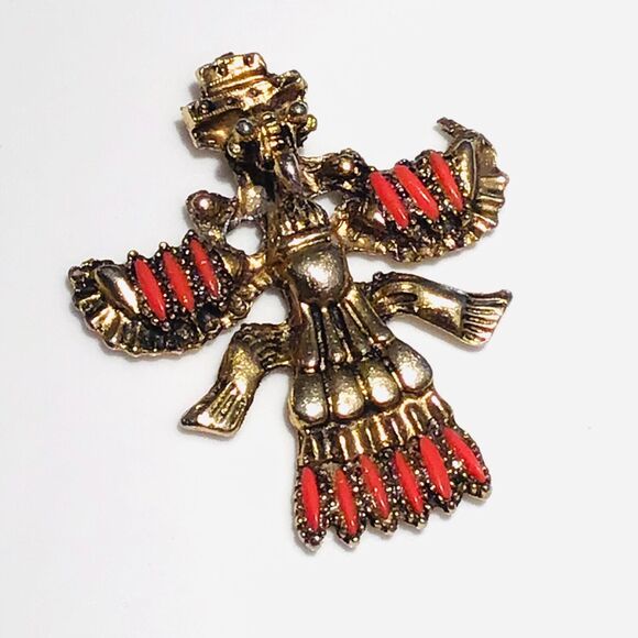 Coral Jeweled Gold Totem Pendant Amulet Spread Eagle Wings 2.25" Southwest Vtg - Picture 4 of 4
